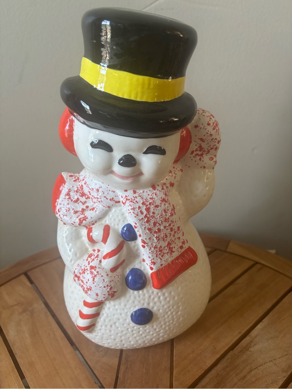 Vintage Snowman Candy Cane Ceramic Sugar Mold Figurine 12”x6” Hand Painted MCM